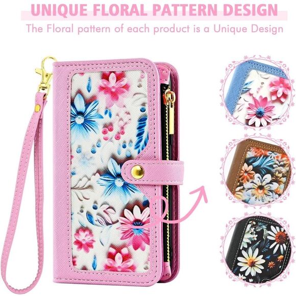 Samsung Galaxy A14 M14 5G Wallet Case Floral Wristlet Pink Card Holder Phone FC1 - Picture 6 of 8